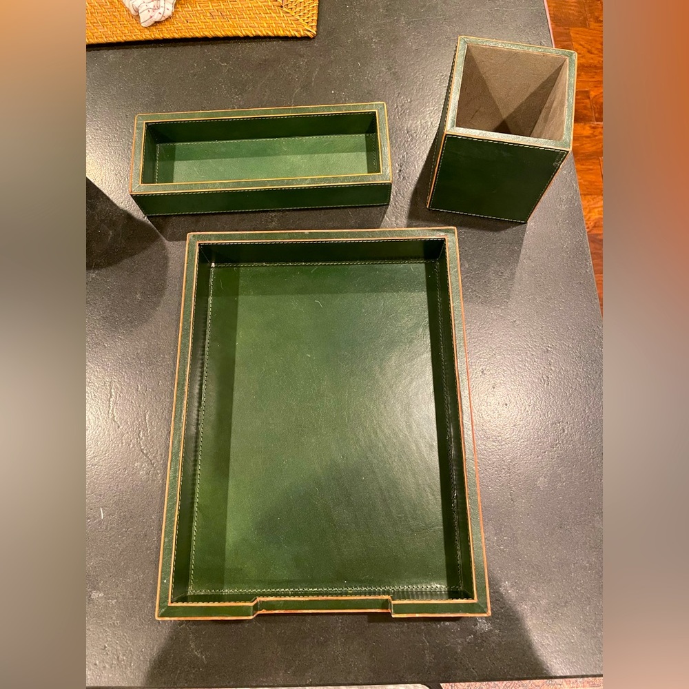 Pottery Barn Leather Dark Green Desk Accessories.